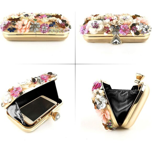 Women's Lanpet Wristlet Flower Clutches Evening Shoulder Chain Strap Gold Bag - Picture 4 of 6